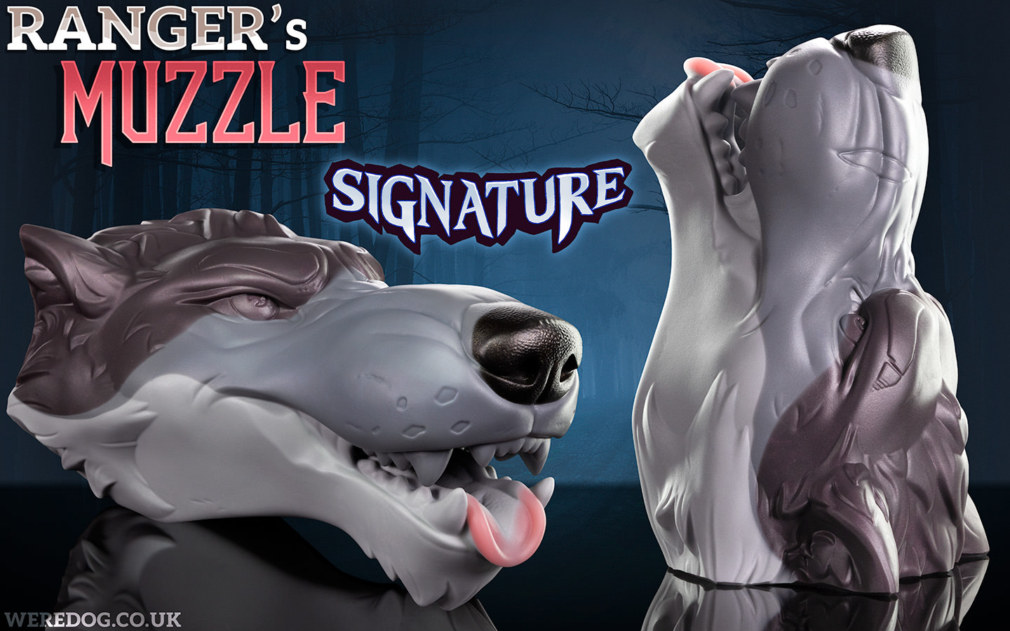 Wolf muzzle masturbator in Ranger's signature colouration, a 3-tone split with dark grey on top, a grey muzzle and a lighter grey underside.